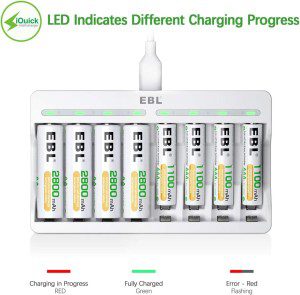 EBL 9010 AA AAA Battery Charger – Independent 8 Bay Charger with High Charging Speed for 1.2V Ni-Mh Ni-Cd Rechargeable Batteries（Usb Cable Provided）