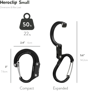 GEAR AID HEROCLIP (Small) Carabiner Gear Clip and Hook, for Hanging Bags, Purses, Lanterns, Strollers, Tools, Helmets, Water Bottles, and More, (Color)