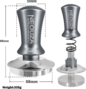 NEOUZA Coffee Tamper Spring Loaded for Espresso Machine Anti-Stick Self-Leveling,Stainless Steel Flat Base,Refined Aluminium Handle (58Mm, Silver Gray Matte)