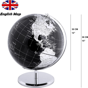 Exerz 30Cm World Globe with a Metal Base – Educational/Geographic/Modern Desktop Decoration – Metallic Black (30Cm Diameter)