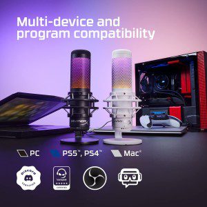 Hyperx Quadcast S – RGB USB Condenser Microphone for PC, PS5, Mac, Anti-Vibration Shock Mount, 4 Polar Patterns, Pop Filter, Gain Control, Gaming, Streaming, Podcasts – White