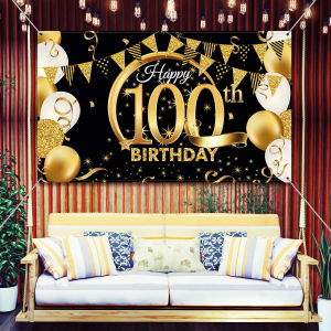 Birthday Party Decoration Extra Large Fabric Black Gold Sign Poster for Anniversary Photo Booth Backdrop Background Banner, Birthday Party Supplies, 72.8 X 43.3 Inch (100Th)