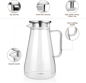 CNGLASS 56Oz Glass Pitcher with Lid Iced Tea Pitcher Water Jug Hot Cold Water Wine Coffee Milk and Juice Beverage Carafe