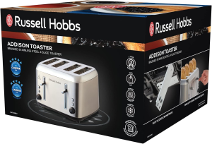 Russell Hobbs Addison 4 Slice Toaster, RHT514BRU, Dual Browning Controls, Defrost & Reheat, Wide Slots, Brushed Stainless Steel