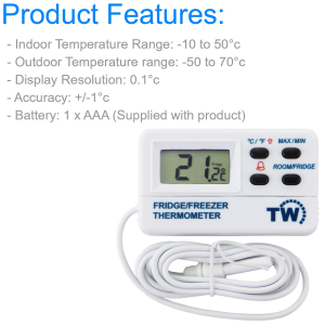 Fridge Thermometer or Freezer Thermometer Digital with Warning Alarm and Max Min Feature 1.2M Cable