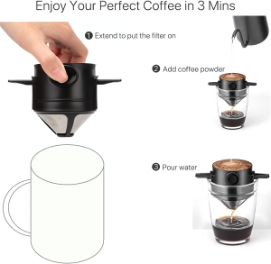 Reusable Pour over Coffee Maker, Stainless Steel Cone Coffee Dripper Filter 1-2 Cup, Paperless with Collapsible Holders for Home Office Travel Camping