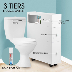 Bathroom Cabinet Wheeled 2 Drawers Storage Organiser Toilet Tallboy Tissue Box Holder White