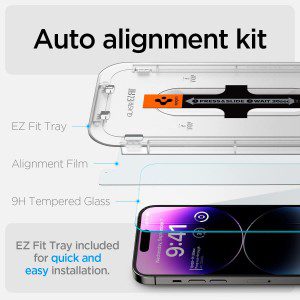 SPIGEN EZ Fit Glas.Tr Slim (Sensor Protection) Screen Protector Designed for Apple Iphone 14 Pro Max (2022)[6.7-Inch] Auto Alignment Kit Premium Tempered Glass [2-Pack] – Clear