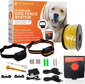 Wireless Electric Dog Fence System by Pet Control HQ, Safe Electric Pet Containment System Including an Adjustable Waterproof Rechargeable Dog Shock Collar with Receiver, Hidden Wire Fence, 5 Correction Levels, 10 Acres, CE (2 Shock Collar with Receiver)