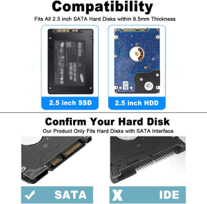 T Tersely 2.5-Inch SATA to USB 3.0 Tool-Free External Hard Drive Enclosure Adapter Case, Transparent LED Indicator 7Mm/9.5Mm SATA I/II/III/SSD/HDD Data Transfer Pc/Laptop [Support Uasp][Auto Sleep]