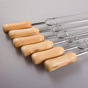 IMEEA Double Prongs BBQ Skewers Barbecue Shish Kebab Skewers Stainless Steel for Grilling Wooden Handle 15 Inch (6)