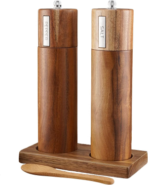 TEOM Wooden Salt and Pepper Grinder Set, Acacia Wood & Refillable Manual Herb Spice Grinder Mills with Wooden Tray and Spoon, Pepper Grinder Wooden Manual & Salt Shaker Mills Set, Kitchen Hand Grinder