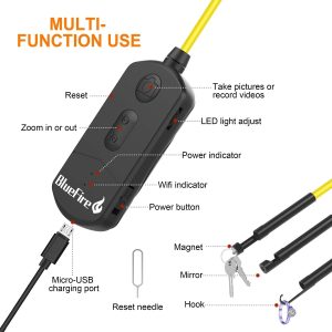 Bluefire 5MP HD Wifi Borescope 1944P Semi-Rigid Wireless Endoscope IP68 Waterproof Inspection Camera Snake Camera for Android and Ios Smartphones/Tablets(11.5Ft)