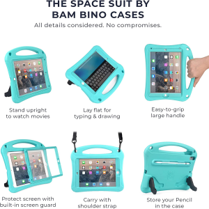 Bam Bino Space Suit Case for Ipad Air 1/ Ipad Air 2 Case for Kids, Ipad 5Th/ Ipad 6Th Generation Case for Kids, Ipad Pro 9.7 | Protective Screen Guard, Shoulder Strap, Pencil Holder, Eco-Mailer