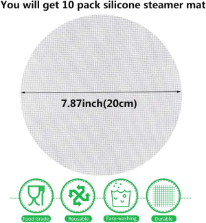 Idopick 10Pcs Kitchen Silicone Steamer Mesh 7.87In/20Cm Reusable Non-Stick Pad round Shape Dumplings Mat Steamed Buns Baking Pastry Dim Sum Mesh