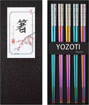 YOZOTI Stainless Steel Rainbow Color Chopsticks, Reusable Chopsticks, 5 Pairs Dishwasher Safe Metal Chopsticks, Easy to Use, Square Lightweight Chop Sticks – Gift Set(Dazzling)