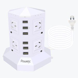 Powerjc Tower Power Strip Surge Protector 8 AC Outlets Outlet with 6 2.4A Totals 6A Ports Smart USB Chargers 2M Long Extension Cord SAA Certified White