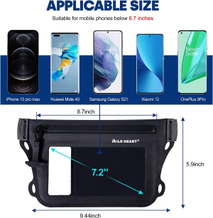 WILD HEART Waterproof Bag Waist Bag with Adjustable Waist Belt Screen Touchable Dry Bag IPX8 to Keep the Phone and Valuables Dry Waterproof Mobile Phone Double Inner Pocket for Swimming Diving Scratching Rafting Boating