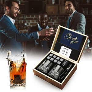 Whisky Stones Glasses Gift Set, 2 Crystal Bourbon Scotch Glasses 8 Whiskey Granite Chilling Rocks, Premium Wooden Gift Box Burbon Present for Whisky Lovers/Men/Christmas/Birthday/Holiday/Retirement/Father’S Day