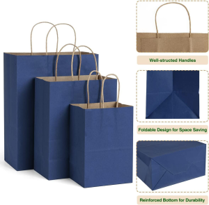 50 Pcs Dark Blue Kraft Paper Bags with Handles, 15X8X21 Cm Bulk Pack Brown Small Gift Bags Eco-Friendly Kraft Bags for Gifts, Business, Shopping, Merchandise, Recyclable, Jewelry