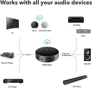 Wiim Mini Airplay2 Wireless Audio Streamer, Multiroom Stereo, Preamplifier, Compatible with Alexa and Siri Voice Assistants, Stream Hi-Res Audio from Spotify, Amazon Music and More