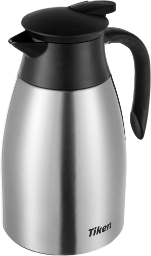 Tiken 34 Oz Thermal Coffee Carafe, Stainless Steel Insulated Vacuum Coffee Carafes for Keeping Hot, 1 Liter Beverage Dispenser (Silver)