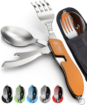 Orblue 2-Pack 4-In-1 Camping Utensils – Portable Stainless-Steel Camping Spoon, Fork, Knife and Can/Bottle Opener – Backpacking Utensils with Case, Orange