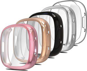 Simpeak [5-Pack] Case Compatible with Fit Bit Versa 4 Smartwatch, Soft TPU Full Protection Screen Protector for Versa 4 (NOT FITS Versa 3)- Pink/Clear/Silver/Black/Rose Gold