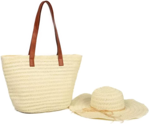 ZAHNA Straw Tote Bag and Hat Set Beach Bag Womens Straw Bag and Wide Brim Sunhat Straw Bag with Zipper Closure