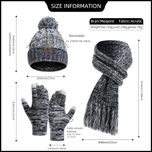 3 in 1 Winter Beanie Hat Neck Warm Scarf and Touch Screen Gloves Set for Women and Men,Knit Cap Set