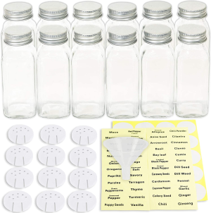 Simplehouseware Square Spice Jar Bottles W/Labels (6Oz), 12 Pack