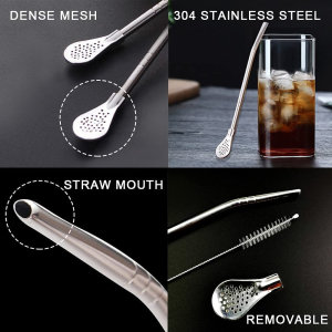 ZANZER Yerba Mate Bombilla Straw, Stainless Steel Drinking Straws with Filter Spoon, Detachable Tea Straws, Reusable for Loose Tea, Coffee, Drinks, with 1 Cleaning Brush, 7.2″ (4 Pack, Silver)