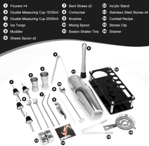 Cocktail Shaker Set Boston Shaker Set Stainless Steel Bartender Kit with Acrylic Stand Cocktail Booklet Professional Bar Tools for Drink Mixing, Home, Bar, Party, 4 Whiskey