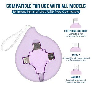 USB Retractable 3 in 1 Charging Cable, Type C/Micro USB Universal Charger, Compatible with Huawei, Tablets, Smart Phones, Oppo, Samsung S21, S9, Note 10 LG, Etc. (Purple)