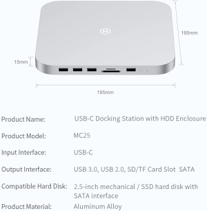 USB-C Hub with Hard Drive Enclosure, Hagibis Type-C Docking Station & Stand for Mac Mini M1 with SATA, USB 3.0, SD/TF Card Reader and USB 2.0 Ports for New MM M1 Laptop (Silver for Mac Mini 2020)