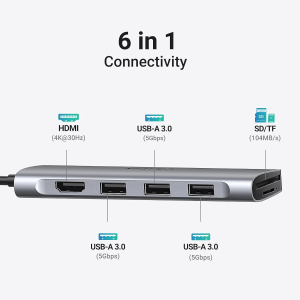 UGREEN USB C Hub, 6-In-1 USB C Hub Multiport Adapter, 4K HDMI Dongle, 3 USB 3.0 Ports, SD/TF Card Reader, USB Converter Compatible with Laptop, Macbook Pro, Ipad, Mac Mini 2023 and More (Silver)