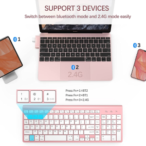 Wireless Keyboard Bluetooth, Bluetooth Keyboard with Number Pad, J JOYACCESS Dual Mode Slim Keyboard Connects up to 3 Devices for Imac/Mac,Macbook, Ipad,Laptop,Android,Windows-Pink