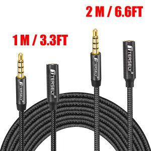 T Tersely [2 Pack] 1M/2M (3.3FT/6.6FT) 3.5Mm Gold-Plated Audio Extension Cable MIC 4-Pole TRRS Aux Cord, Nylon Braided Male to Female for Headphones,Car Home Stereos,Speaker,Ipod,Sony,Tablets & More