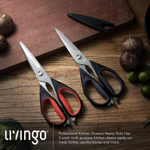 LIVINGO Kitchen Scissors, 2 Pack 9.25″ Utility All Purpose Poultry Shears Heavy Duty Dishwasher Safe, Come Apart Sharp Stainless Steel Cooking Food Scissors for Cutting Meat, Chicken, Vegetable, Fish