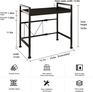 Wuciray Microwave Shelf, Kitchen Shelf Expandable Microwave Oven Rack, Adjustable Width & Height Microwave Stand Counter Shelf with 3 Hooks (Black 1-Tier)