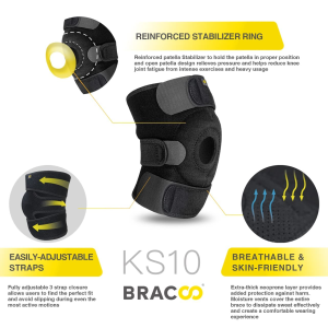 Bracoo KS10 Knee Support, Open-Patella Stabiliser & Fully-Adjustable Neoprene Brace – Arthritic Pain Relief, Sports Injury Rehabilitation & Protection against Reinjury