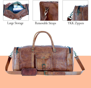 Leather Duffle Bags Large 24 Inch Square Duffel Travel Gym Sports Overnight Weekender Leather Bag for Men and Women by KPL