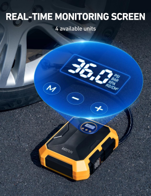 Astroai Tyre Inflator 12V DC Portable Air Compressor, Car Accessories, Auto Tyre Pump 100PSI with LED Light, Digital Air Pump for Car Tyres Bicycles Other Inflatables (Yellow)