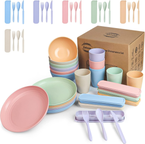 Wheat Straw Dinnerware Sets for 6- Unbreakable Plastic Dishes Set 42 PCS, Reusable Plates and Bowls Sets, Lightweight, Microwave & Dishwasher Safe – Perfect for Camping, Picnic, Campervan