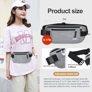 RFID Blocking Money Belt for Men Women, Slim Fanny Pack for Travel，Running,Conceal Waist Wallet for Passport Holder,Phone,Cash(Black Light Grey)