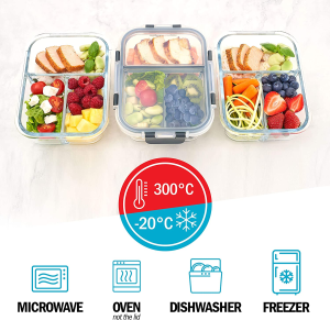 Igluu Meal Prep Glass 3 Compartment Container with Airtight Snaplock Lids – Portion Control Food Storage – BPA Free – Microwavable, Dishwasher and Oven Safe [3 Pack]