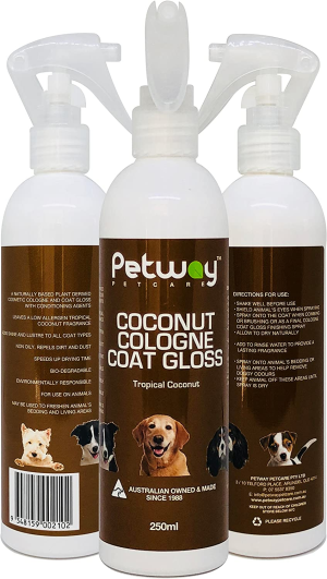 Petway Petcare Coconut Cologne Coat Gloss for Dogs and Puppies, Natural Cologne Spray with Coconut for Conditioning, Dog Gloss with Deodoriser, Pet Odor Eliminator and Dog Grooming Spray, 250Ml