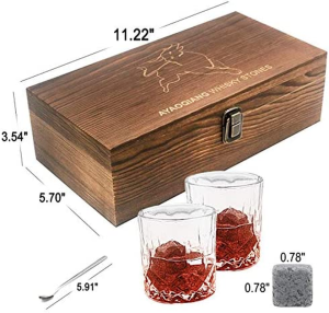 Whiskey Stones Gift Set – Whiskey Glass Set – 16 Granite Whiskey Rocks, 2 Crystal Whiskey Glasses, Drinking Gifts for Men Dad Husband Birthday Party Holiday Present -Scotch Glasses in Wooden Box