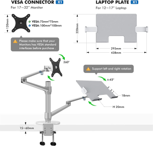 Viozon Monitor and Laptop Mount, 2-In-1 Adjustable Dual Arm Desk Mounts Single Desk Arm Stand/Holder for 17 to 32 Inch LCD Computer Screens, Extra Tray Fits 12 to 17 Inch Laptops (Silver)