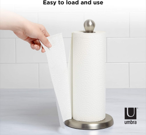 Umbra 330746-582 Tug Modern Stand up Paper Towel Holder- Easy One-Handed Tear Kitchen Paper Towel Dispenser with Weighted Base for Standard Paper Towel Rolls, Nickel Kitchen, Nickel/Smoke, 6-1/2″ Diam. X 13-1/4″ H